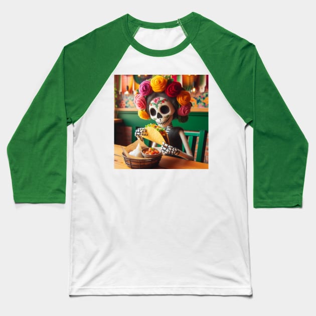 Calaca eating tacos Baseball T-Shirt by Dr Popet Lab